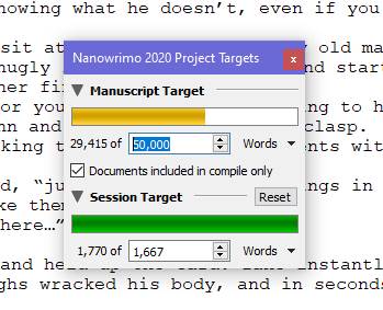 Halfway through NaNoWriMo wordcount progress screenshot